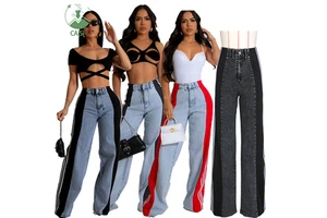 Hot Side Striped Jeans Women's Pants 2026 Fall Summer Clothing Trendy High Waist Patchwork Wide Leg Pants Straight Denim Tourse