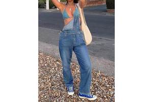 Women's Light Wash Denim Overalls Jumpsuit High Relaxed Straight-Leg Button Detail Adjustable Strap Cuffed Cropped Fit