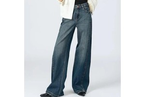 OEM OED High Rise Loose Baggy Mom Jeans Women Dark Blue Denim Embroidered Rivet Button Long Drape Casual Monkey Wash Waist