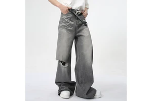 Menswear High-Street American-Style Retro Washed Denim Tapered Wide-Leg Floor-Length Polyester/Cotton Mid Jeans