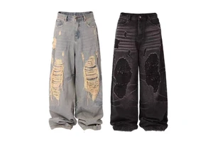 Faded Distressed Baggy Jeans Custom High Quality 100% Cotton Mens Double Layers Washed Denim Jeans Cargo Pants Washed Jeans
