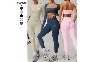 Custom Long Sleeve Zipper Jacket High Waist Hip Lifting Leggings Sports Suit Women's Gym Running Fitness Tights 3 Piece Yoga Set