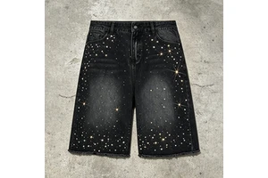 OEM ODM Custom Eco Medium Rhinestone Distressed Denim Shorts Factory Retro Straight Leg Stone Wash Raw Edge Jorts for Men