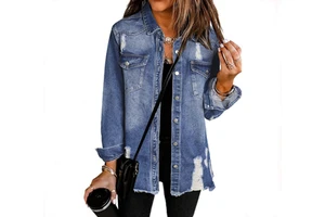 Women's Oversized Vintage Denim Jean Jacket Long Sleeve Casual Fall Outfits with Cotton Filling Button Decoration Jacket
