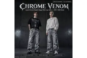Custom 420GSM Liquid Chrome Venom Graphic Wide-Leg Jeans OEM ODM Private Label Low MOQ Sample Refundable Customizable For Brands