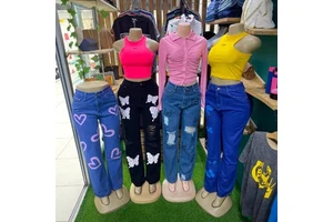 Wholesale Women's Casual Spring Jeans Graffiti Mid Waist Loose Wide-Leg Denim Pants