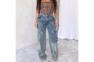 Wholesale Ladies Breathable Straight Vintage Jeans Women Star Tassel Fringe With Patchwork Loose Casual Denim Pants For Women