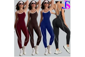 Jin Si NEW Women Contrast Color Yoga One-piece Long Peach Hip One-piece Yoga Sports Jumpsuit