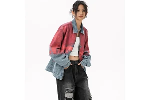 Women's Denim Jean Jacket Women Casual Outwear Fall Jacket Denim Zipper up Coat Oversize Printed Denim Jacket for Ladies