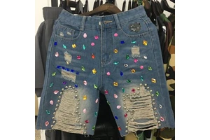 Heavy Industry Diamond-encrusted Beaded Ripped Tassel High-waisted Women's Denim Shorts Sehe Fashion