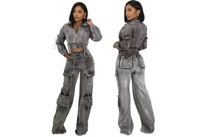 Women Jeans Outfits Stretch Cotton Denim Crop Jacket Cargo Jeans Sets Slim Two Piece Jeans Denim Set with Multi-pockets
