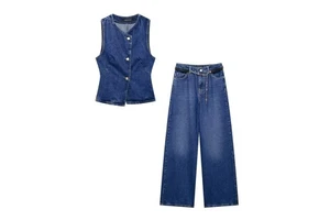 Spring and Summer New Women's Denim Suit Sleeveless Single Breasted Vest Fashionable Wide Leg Jeans Set