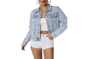Premium Quality Wholesale Women's Loose Fit Gothic Denim Jacket with Jacquard & Rhinestone Belt Detail Light Blue Button Washed