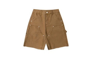Custom Washed Brown Double Knee Carpenter Summer Men's Casual Denim Shorts Wholesale Baggy Skate Cargo Carpenter Jeans Shorts