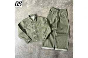 Men's Two-Piece Set Jacket Japanese Raw Denim Outfits Green Selvedge Raw Denim Jacket Suit Custom Jeans Manufacturers