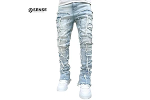 Custom Men Jeans Manufacturer High Street Hip Hop Heavy Distressing Stacked Flare Jeans Men