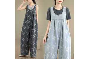 Am131 Wholesale Summer New Retro Casual Breathable Digital Printing Loose Canvas Denim Overalls Jumpsuit