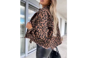 Women's Sustainable Denim Coats and Jackets With Collared Leopard Print and Fray Hem Button Style