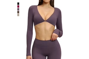 Women's Yoga Crop Top Long Sleeve V-Neck Breathable Quick Dry Four-Way Stretch Lightweight Activewear for Gym Workout