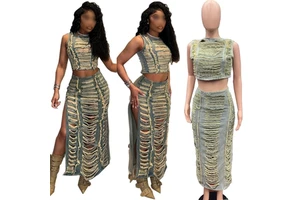 2025 Fashion Summer Sexy Women's Ripped Denim Two Piece Suit Sleeveless Crop Tops Slit Skirt Set Plus Size Jeans Denim Outfit