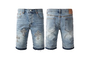 High Quality Jeans Denim Shorts Jorts Jeans Men Casual Streetwear Jean Shorts Custom With Rhinestones