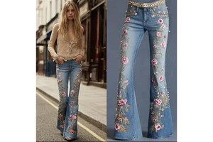 2026 European & American New 3D Digital Printed Women's Fashion Elegant Eye-Catching Slimming Flare Jeans, Custom OEM/ODM