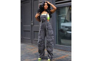 Women's Loose Denim Camisole Jumpsuit Spring Street Fashion Multi-Pocket Overalls