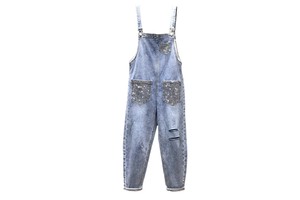 China Manufacturer High Quality Light Blue Leisure Denim Overalls for Woman Loose Denim Jumpsuit Wholesale