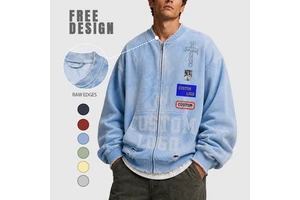 Vintage Acid Wash Streetwear Zip Up Jacket Men Oversized Heavyweight Cotton Sweatshirt Distressed Grunge Varsity Bomber Hoodie