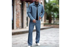 Customized High Quality Winter Casual Men's Denim Jacket and Flared Pants Set Button-Up Jacket with Chest Pockets