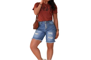 Women's Plus Size High Waisted Ripped Denim Shorts Hot Summer Straight Style Stretch Slim Washed Technique Free Shipping USA