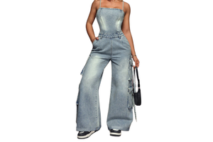 Women's Elegant Loose Fit Acid Wash Jeans Plus Size Backless Denim Jumpsuit with Wide Leg for Party Dress