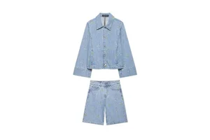 PB&ZA Summer Women's Suit: Embroidered Floral Denim Jacket 7147032, High-Waisted Casual Shorts 7147035