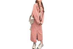Women's 2 Piece Denim Set - Long Sleeve Washed Denim Jacket, A-Line Jean Maxi Skirt with Slit