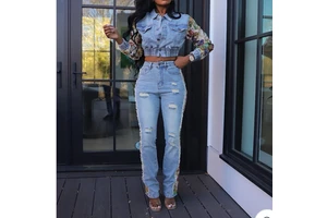 Fashion Streetwear Fall Winter Matching Floral Patchwork Denim Jacket Jeans 2 Two-Piece Suit Top and Pants Women's Denim Sets