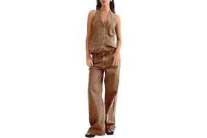 Fisoew Women's 100% Cotton Denim Washable Set Button Down Backless Tank Top Wide Leg Jeans 2 Piece Outfit Suit
