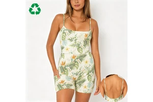 Custom Sustainable Recycled RPET Floral Print 4-Way Stretch Backless Gym Fitness Jumpsuit Squat-proof Compression Yoga Jumpsuits