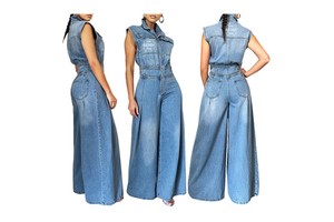 Women One Piece Denim Jeans Overalls Sleeveless High Waist Turn Down Collar Wide Leg Long Pants Rompers Denim Jumpsuit