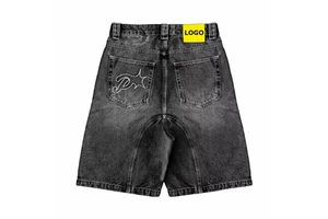 Custom Made Men's Baggy Fit Distress Fade Balloon Wide Leg Denim Shorts Stone Washed Vintage Summer Jorts with Embroidery