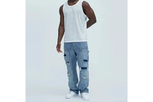 Custom Logo Breathable Washable Vintage Straight Wide Leg Plus Size Men's Denim Jeans with Button Detail