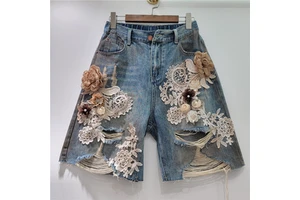 Wholesale Summer 2026 New Fashion Casual Elegant Lace Splicing Ripped Rhinestone Denim Shorts Women's Jeans