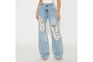 No RTS Custom Loose Casual Summer Denim Ripped Solid Blue Oversized Light Blue Washed Distressed Women's Jeans
