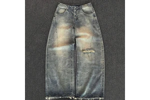 Casual Distressed Washed Denim Scimitar Pants for Men Street Punk Design Loose Fit Wide Leg Patchwork Baggy Jeans