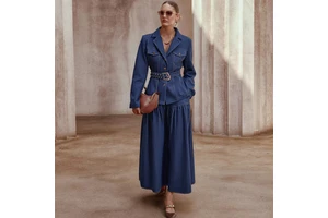 Trendy Denim Skirt Set Women Suit V-neck Jacket and A-line Maxi Denim Skirt Set Two Piece Ladies Office Wear with Belt