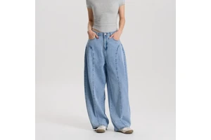 Women Light Blue Wide Leg Denim Jeans Mid Rise Loose Fit Vintage Style Trendy Streetwear Dark Stonewashed Pants
