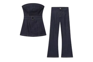 Set Women's 2025 new two-piece casual fashion belt decorative denim tube top+retro women's high waist denim wide-leg pants suit