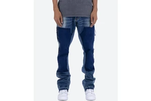 Yinope New Design Fashion Custom Men's Blue Wash Lace Waxed Hem Button Trims Stacked Flare/Skinny Fit Denim Jeans
