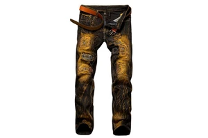 European American Men's Straight Jeans Yellow Horse Embroidered Denim Pants Mid Breathable Solid Long Pants for Summer Autumn