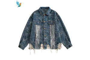 Men's Oversized Embroidery Denim Jacket Distressed Hem Patchwork Streetwear Casual Loose Fit Button-Up Jean Jacket For Daily