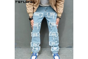 High Quality Fashion Custom Ripped Stacked Denim Jeans Men Trend Loose Style Jean Vintage Straight-leg Denim Pants for Men
